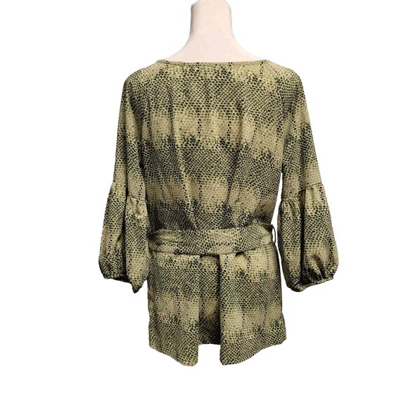 BCBGMaxazria Blouse Womens Medium Tie Waist Puff Sleeve Green Snake Print - Picture 3 of 9
